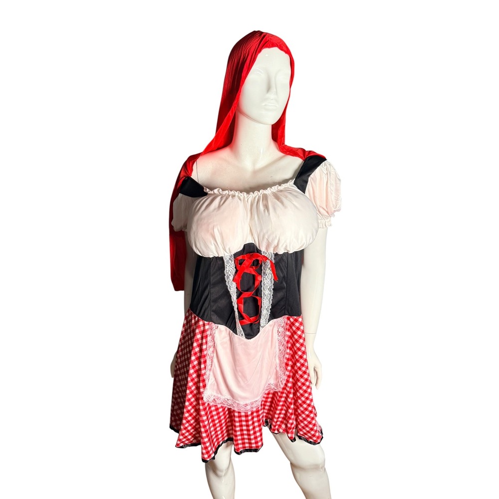 Burly Red Riding Hood Mens Costume Large Red Gingham Dress Hooded Cape Wig Set